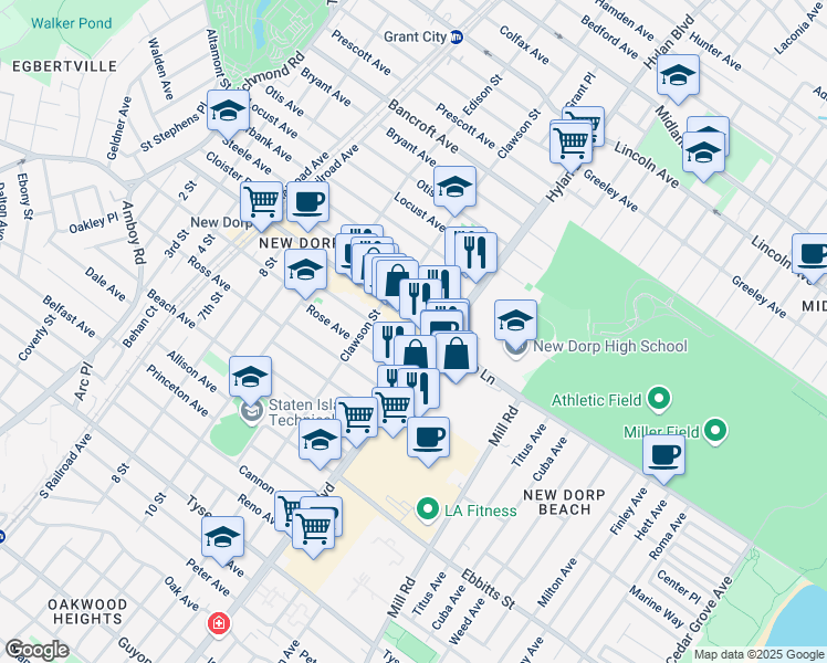 map of restaurants, bars, coffee shops, grocery stores, and more near 366 New Dorp Lane in Staten Island