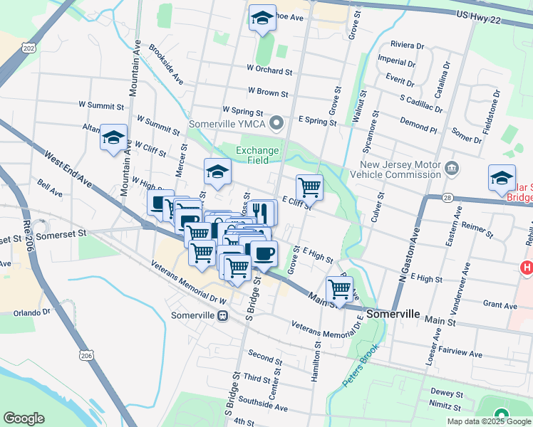 map of restaurants, bars, coffee shops, grocery stores, and more near 67 North Bridge Street in Somerville