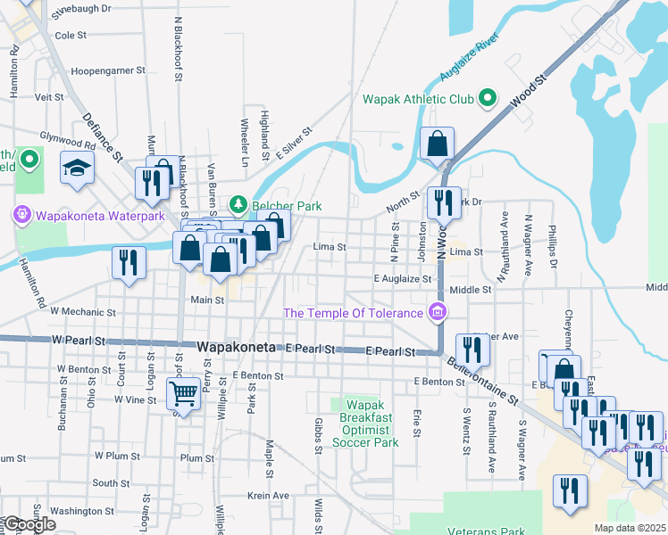 map of restaurants, bars, coffee shops, grocery stores, and more near 310 East Auglaize Street in Wapakoneta