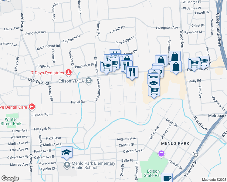 map of restaurants, bars, coffee shops, grocery stores, and more near 25 Cinder Road in Edison