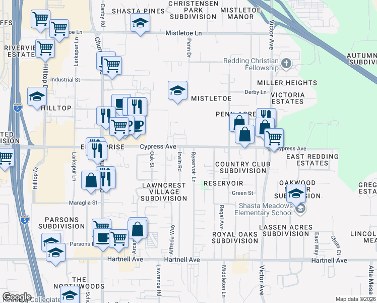 map of restaurants, bars, coffee shops, grocery stores, and more near 1397 East Cypress Avenue in Redding