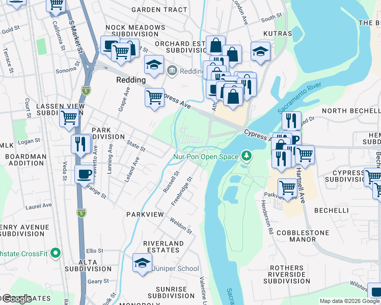 map of restaurants, bars, coffee shops, grocery stores, and more near Parkview Avenue in Redding
