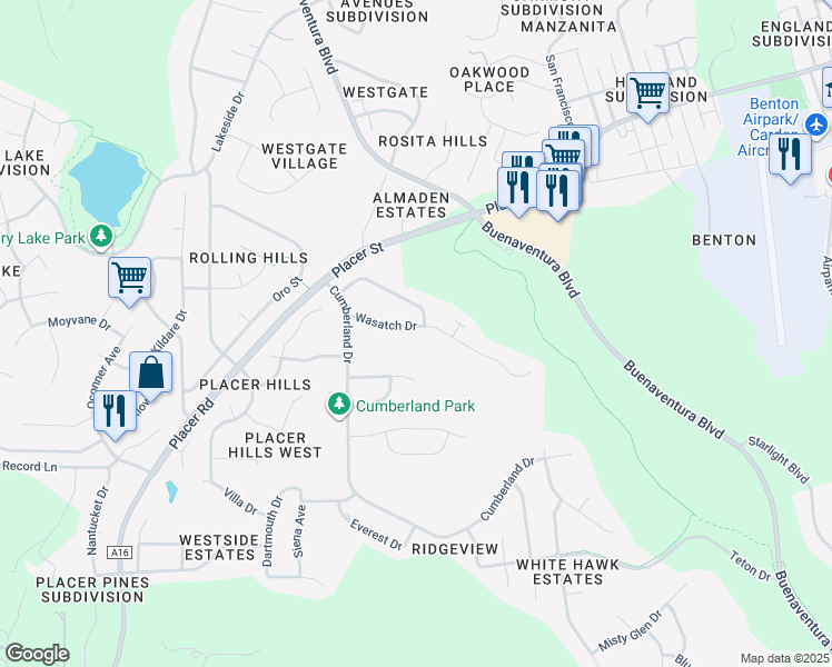 map of restaurants, bars, coffee shops, grocery stores, and more near 3729 Wasatch Drive in Redding