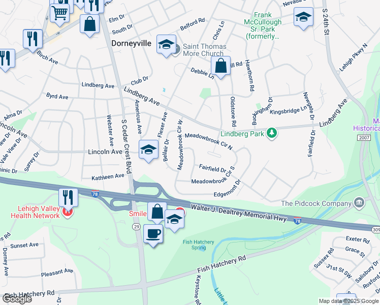 map of restaurants, bars, coffee shops, grocery stores, and more near 1140 Clearwood Drive in Allentown