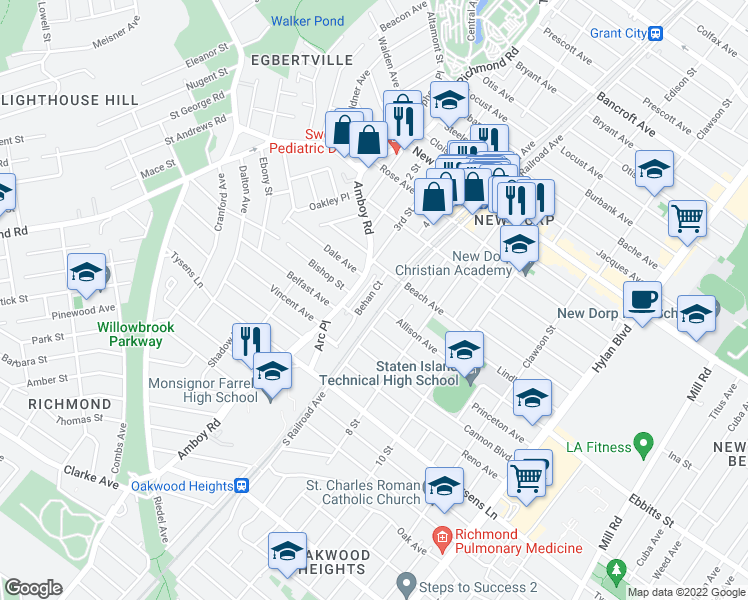 map of restaurants, bars, coffee shops, grocery stores, and more near 34 Behan Court in Staten Island