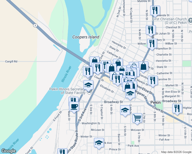 map of restaurants, bars, coffee shops, grocery stores, and more near 230 Court Street in Pekin