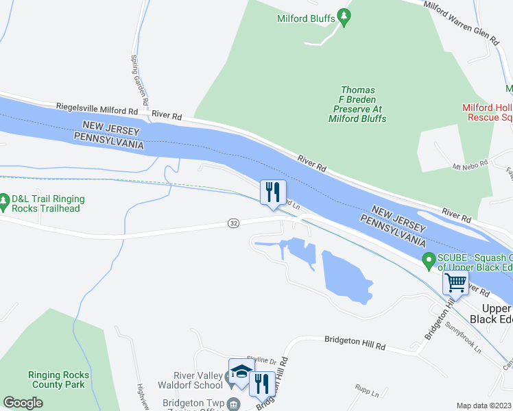 map of restaurants, bars, coffee shops, grocery stores, and more near 1833 River Road in Upper Black Eddy