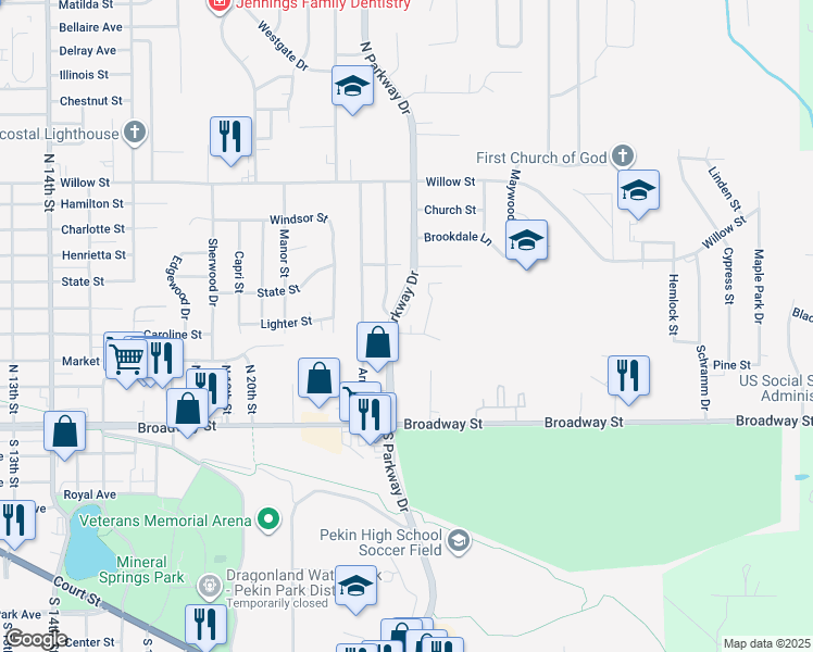 map of restaurants, bars, coffee shops, grocery stores, and more near 2203 Stoneybrook Road in Pekin