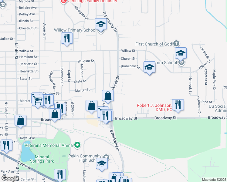 map of restaurants, bars, coffee shops, grocery stores, and more near 2203 Stoneybrook Road in Pekin