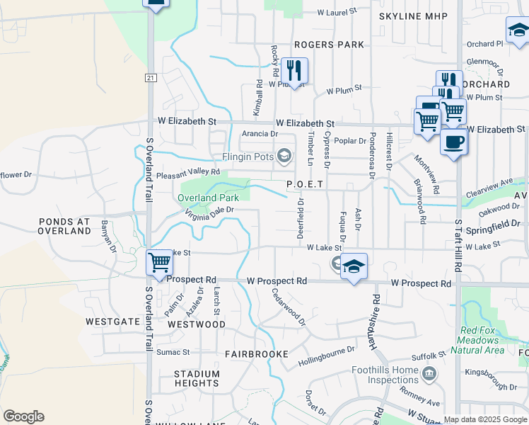 map of restaurants, bars, coffee shops, grocery stores, and more near 1402 Wildwood Road in Fort Collins