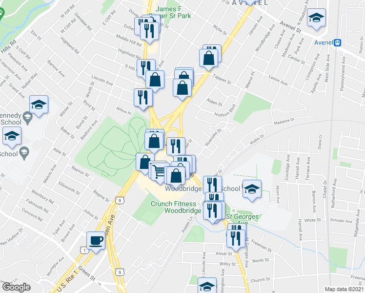 map of restaurants, bars, coffee shops, grocery stores, and more near 301 Kimball Street in Woodbridge Township