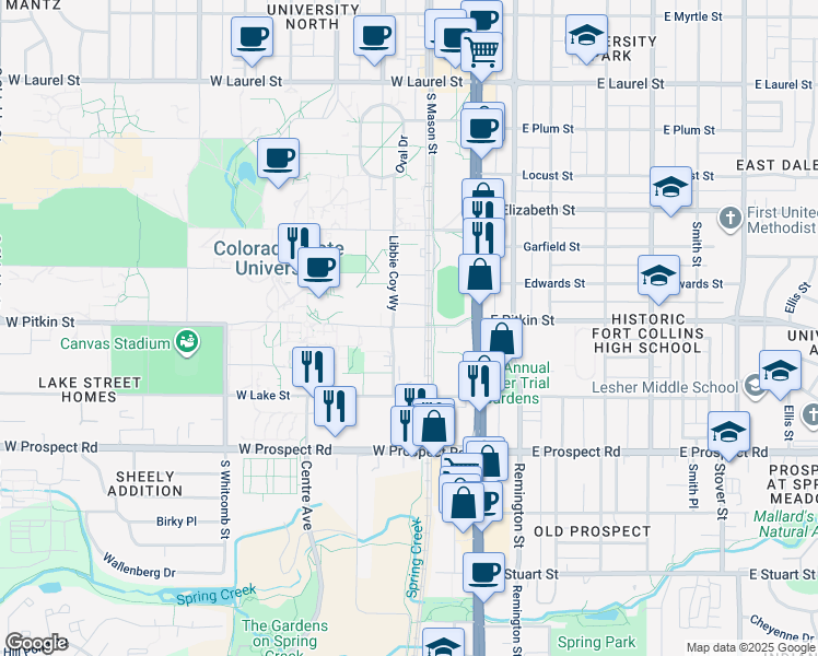 map of restaurants, bars, coffee shops, grocery stores, and more near 251 West Pitkin Street in Fort Collins