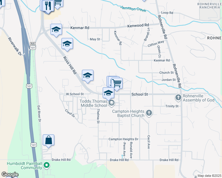 map of restaurants, bars, coffee shops, grocery stores, and more near 2621 Boone Street in Fortuna