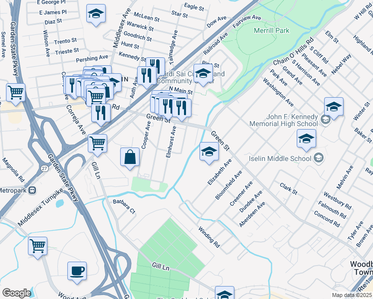 map of restaurants, bars, coffee shops, grocery stores, and more near 160 Benjamin Avenue in Woodbridge Township