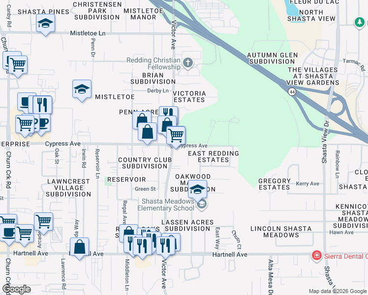 map of restaurants, bars, coffee shops, grocery stores, and more near 2508 Sabre Court in Redding