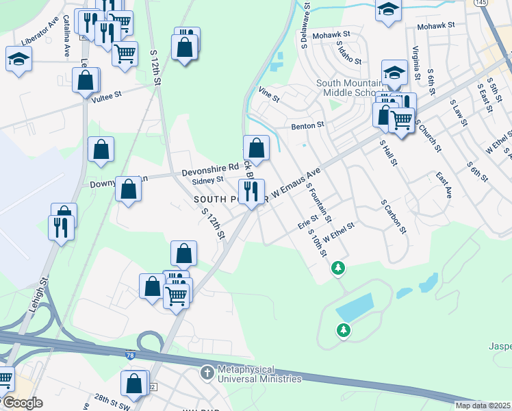 map of restaurants, bars, coffee shops, grocery stores, and more near West Emaus Avenue & Mack Boulevard in Allentown