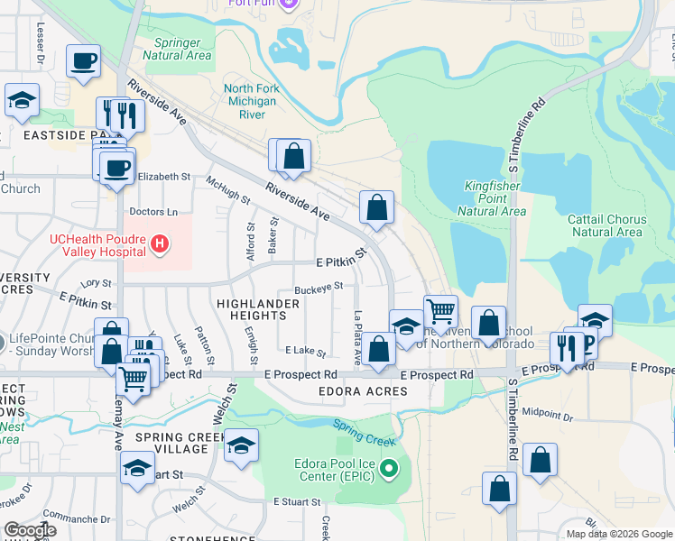 map of restaurants, bars, coffee shops, grocery stores, and more near 1616 Buckeye Street in Fort Collins