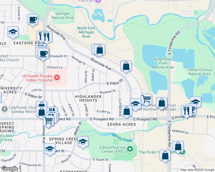 map of restaurants, bars, coffee shops, grocery stores, and more near 1616 Buckeye Street in Fort Collins