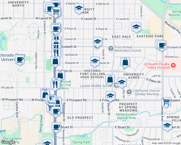map of restaurants, bars, coffee shops, grocery stores, and more near in Fort Collins