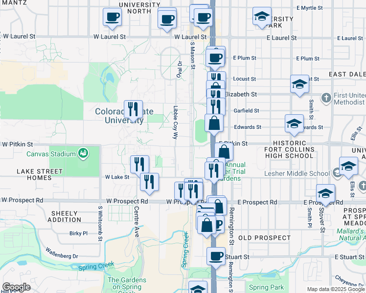 map of restaurants, bars, coffee shops, grocery stores, and more near 201-299 W Pitkin St in Fort Collins