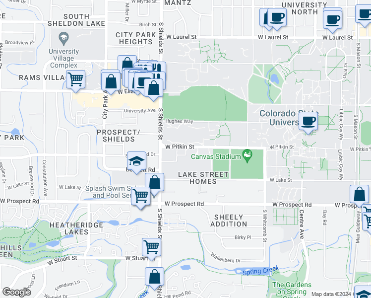 map of restaurants, bars, coffee shops, grocery stores, and more near 928 James Court in Fort Collins