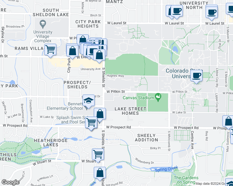 map of restaurants, bars, coffee shops, grocery stores, and more near 928 James Court in Fort Collins