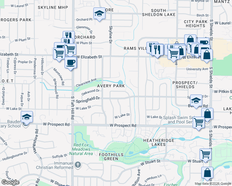 map of restaurants, bars, coffee shops, grocery stores, and more near 1728 Springfield Drive in Fort Collins