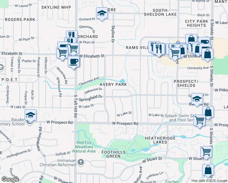 map of restaurants, bars, coffee shops, grocery stores, and more near 1728 Springfield Drive in Fort Collins