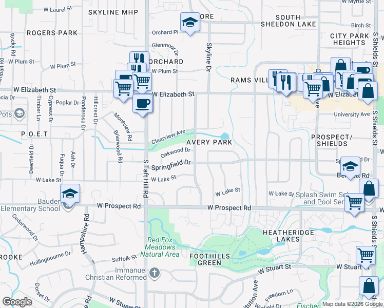 map of restaurants, bars, coffee shops, grocery stores, and more near 1210 Castlerock Drive in Fort Collins