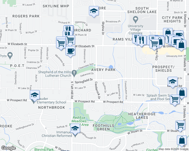 map of restaurants, bars, coffee shops, grocery stores, and more near 1210 Castlerock Drive in Fort Collins