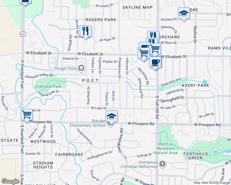 map of restaurants, bars, coffee shops, grocery stores, and more near 1301 Ash Drive in Fort Collins