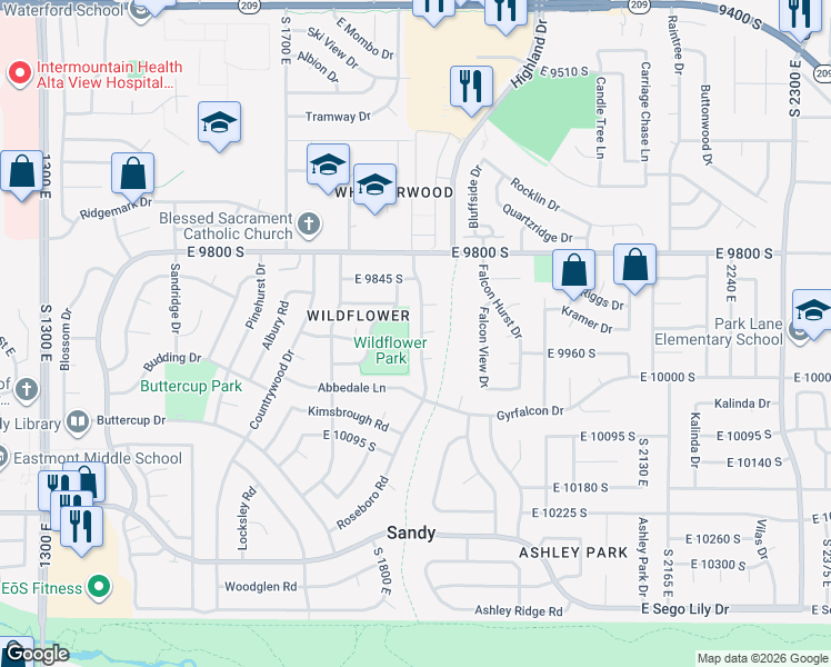 map of restaurants, bars, coffee shops, grocery stores, and more near 1870 Arborfield Circle in Sandy