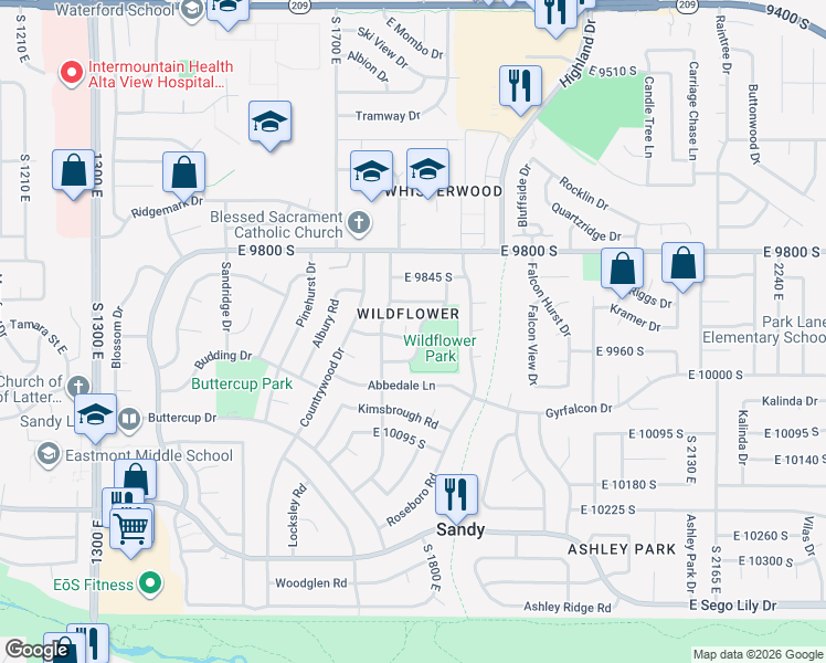 map of restaurants, bars, coffee shops, grocery stores, and more near 1770 Weybridge Lane in Sandy