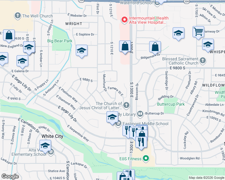 map of restaurants, bars, coffee shops, grocery stores, and more near 9951 Mumford Drive in Sandy
