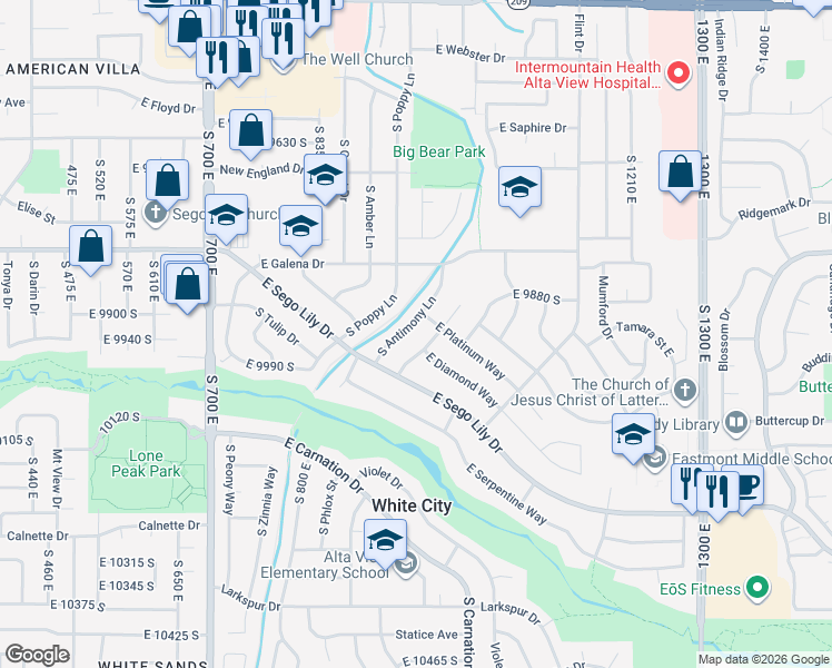 map of restaurants, bars, coffee shops, grocery stores, and more near 9958 Barium Lane in Sandy