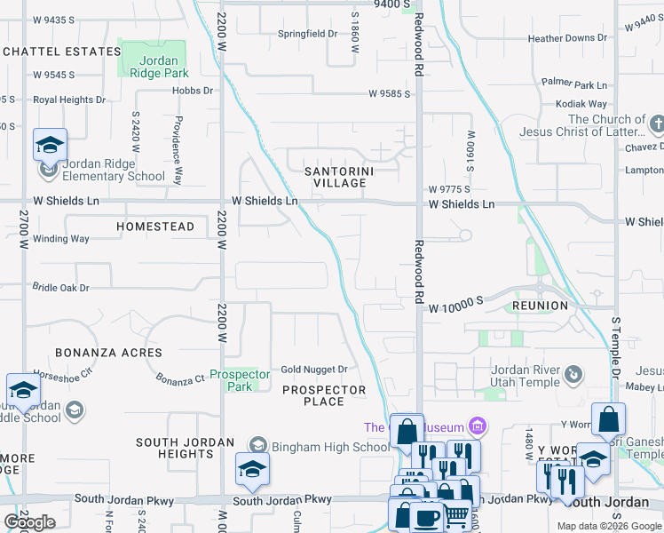 map of restaurants, bars, coffee shops, grocery stores, and more near 1962 Nicholas Farm Lane in South Jordan