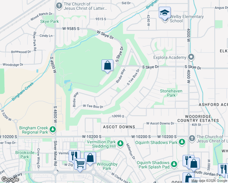 map of restaurants, bars, coffee shops, grocery stores, and more near 4478 Bogey Circle in South Jordan