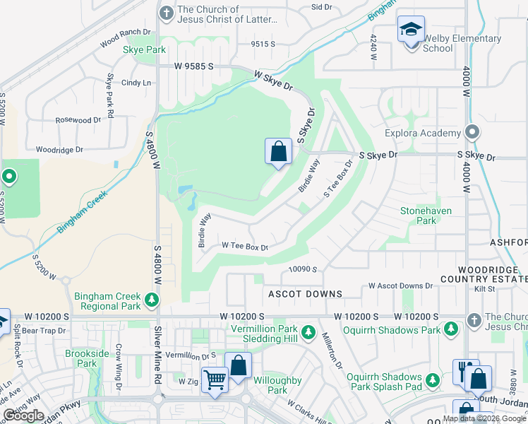 map of restaurants, bars, coffee shops, grocery stores, and more near 9956 Birdie Way in South Jordan