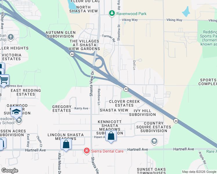 map of restaurants, bars, coffee shops, grocery stores, and more near 2520 Webb Court in Redding
