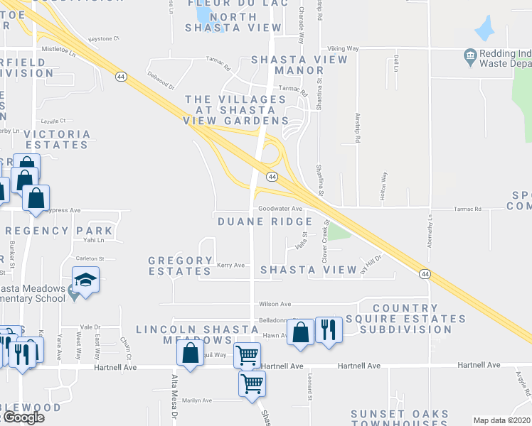 map of restaurants, bars, coffee shops, grocery stores, and more near 2535 Shasta View Drive in Redding