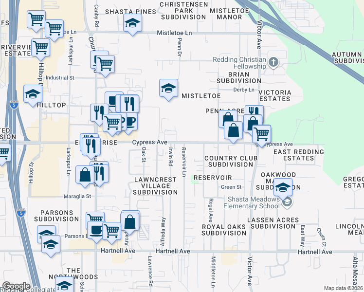 map of restaurants, bars, coffee shops, grocery stores, and more near 2541 Irwin Road in Redding