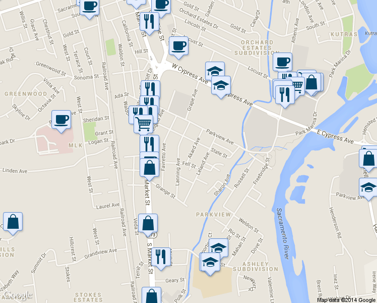 map of restaurants, bars, coffee shops, grocery stores, and more near 2749 Lanning Avenue in Redding