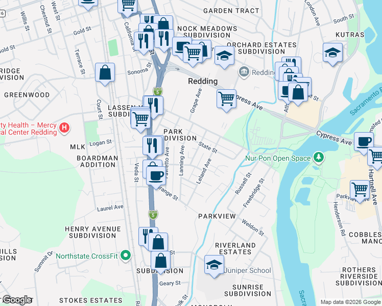 map of restaurants, bars, coffee shops, grocery stores, and more near 2749 Lanning Avenue in Redding