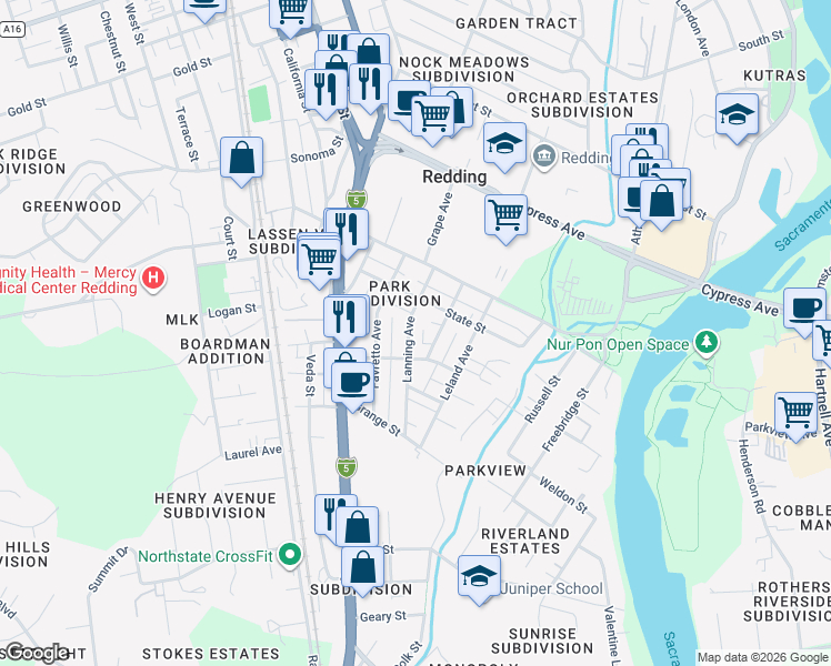 map of restaurants, bars, coffee shops, grocery stores, and more near 2749 Lanning Avenue in Redding