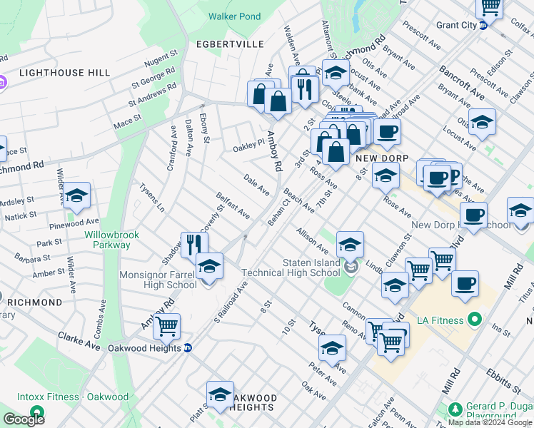 map of restaurants, bars, coffee shops, grocery stores, and more near 2714 Amboy Road in Staten Island