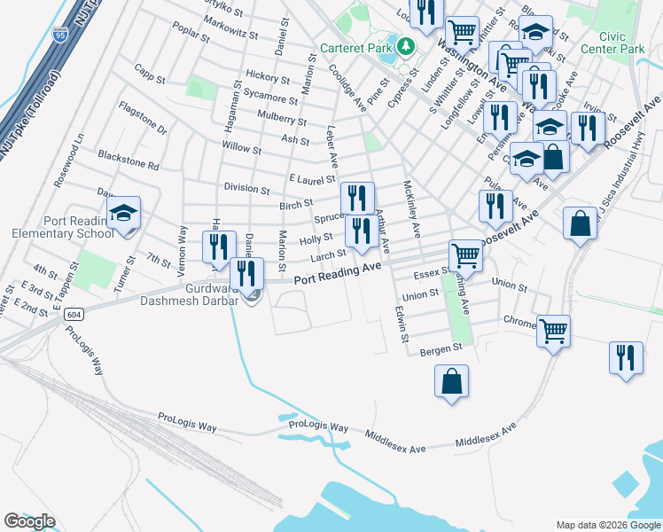 map of restaurants, bars, coffee shops, grocery stores, and more near 897 Port Reading Avenue in Woodbridge Township