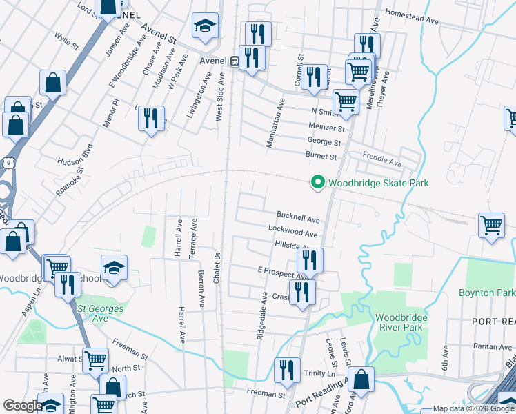 map of restaurants, bars, coffee shops, grocery stores, and more near 141 Bucknell Avenue in Woodbridge Township