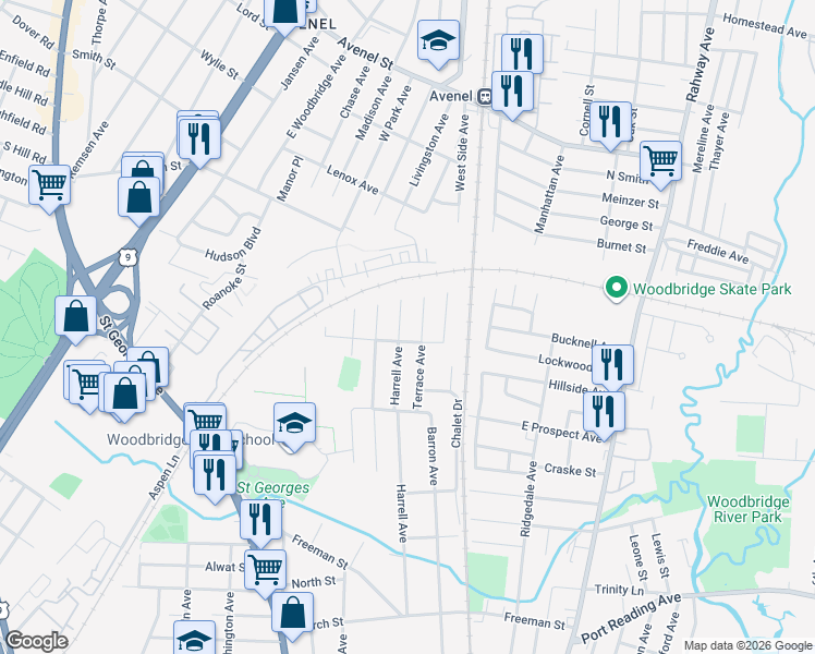 map of restaurants, bars, coffee shops, grocery stores, and more near 865 Terrace Avenue in Woodbridge Township
