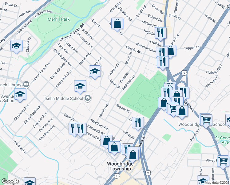 map of restaurants, bars, coffee shops, grocery stores, and more near 148 Bedford Avenue in Woodbridge Township