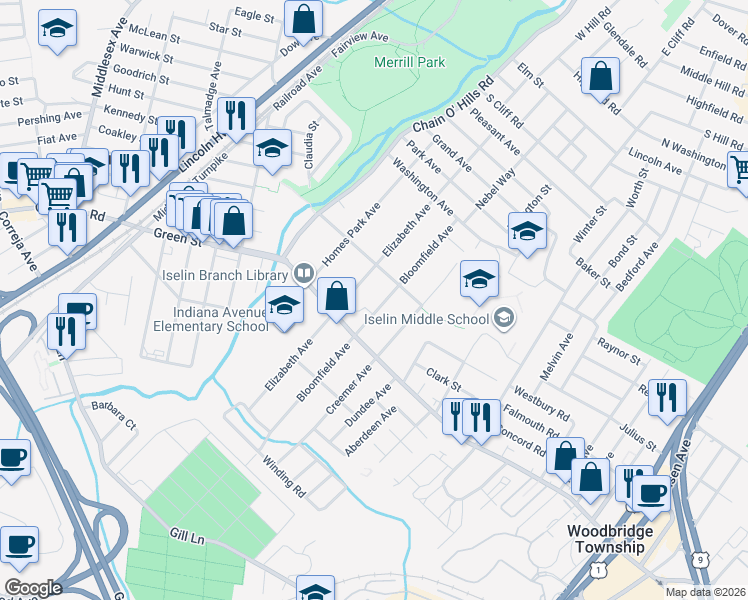 map of restaurants, bars, coffee shops, grocery stores, and more near 141 Bloomfield Avenue in Woodbridge Township